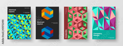 Colorful presentation A4 vector design illustration set. Bright geometric hexagons flyer concept collection.