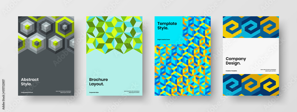 Fototapeta premium Abstract annual report A4 design vector illustration set. Modern mosaic pattern company cover concept bundle.
