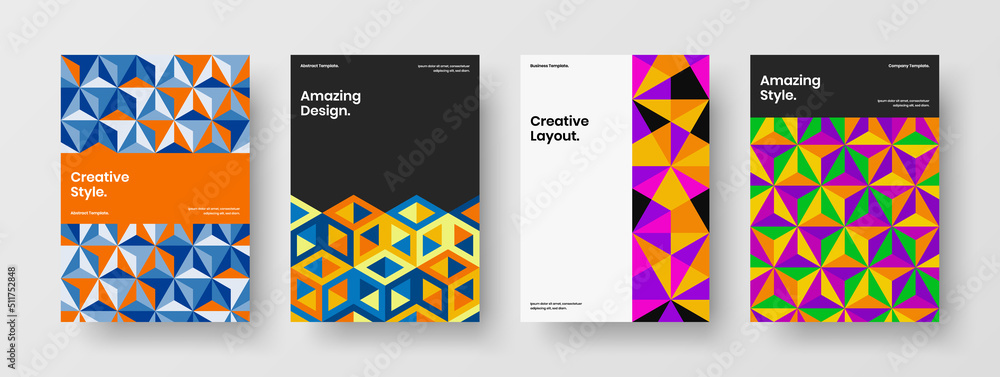 Obraz premium Clean magazine cover vector design illustration bundle. Minimalistic geometric pattern flyer layout set.