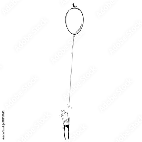 Man flying along on a helium balloon