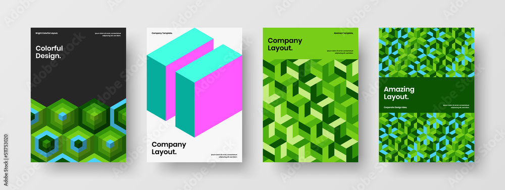 Colorful geometric shapes catalog cover template set. Bright leaflet vector design layout collection.