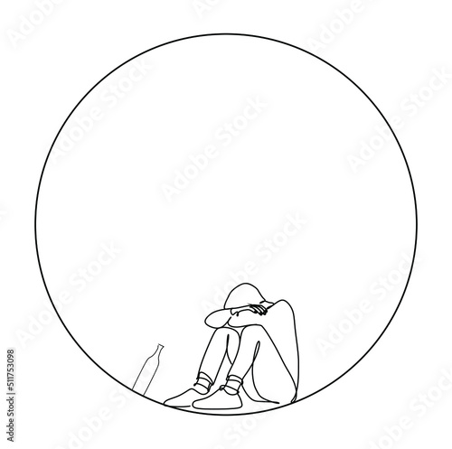 A continuous drawing of a circle and a silhouette of a man sitting on the floor, and a bottle.  Conceptual drawing of alcoholism in the style of minimalism