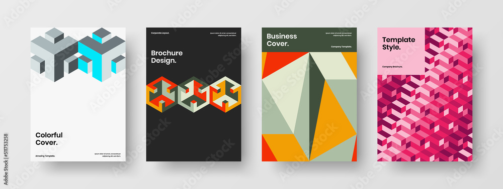 Multicolored front page vector design layout composition. Clean geometric pattern brochure template set.