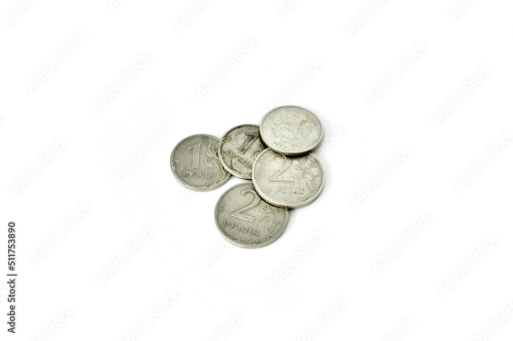 metal coins rubles on white background