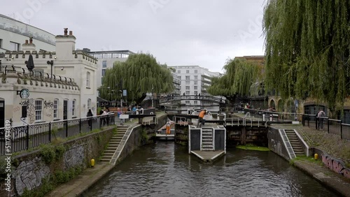 Dam at the Camden town district in London. Opening gates at the dam. Camden lock in London. photo