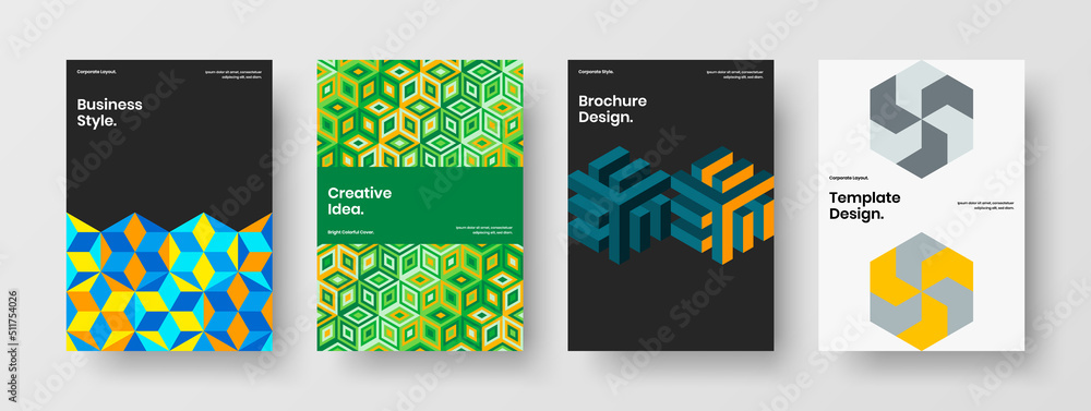 Abstract company identity A4 vector design illustration bundle. Premium mosaic pattern booklet layout collection.