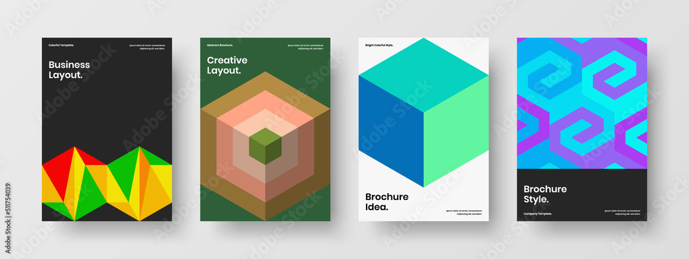 Vivid front page A4 vector design template bundle. Creative mosaic tiles company brochure concept composition.