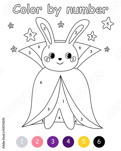 Color by number game for kids. Rabbit in costume vampire. Halloween bunny. Printable worksheet with solution for school and preschool. Learning numbers activity.