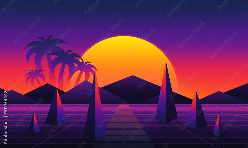 Naklejka premium Synthwave and retrowave background, vaporwave 80's landscape, futuristic design, wave music, 80s styled neon landscape.
