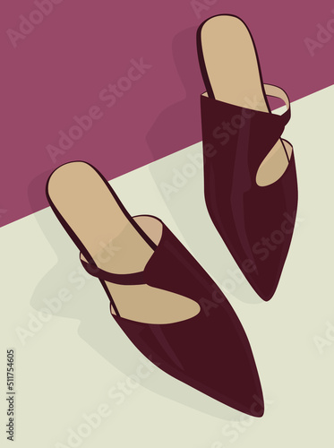 Vector flat image of summer women's shoes. Women's burgundy mules. Summer shoes with low soles. Design for postcards, backgrounds, templates, textiles, posters.