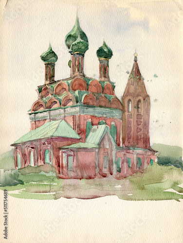 Watercolor landscape with the brick 17th century Church of the Epiphany in traditional ancient architectural style with kokoshniks and onion shape domes in the town of Yaroslavl, Russia photo