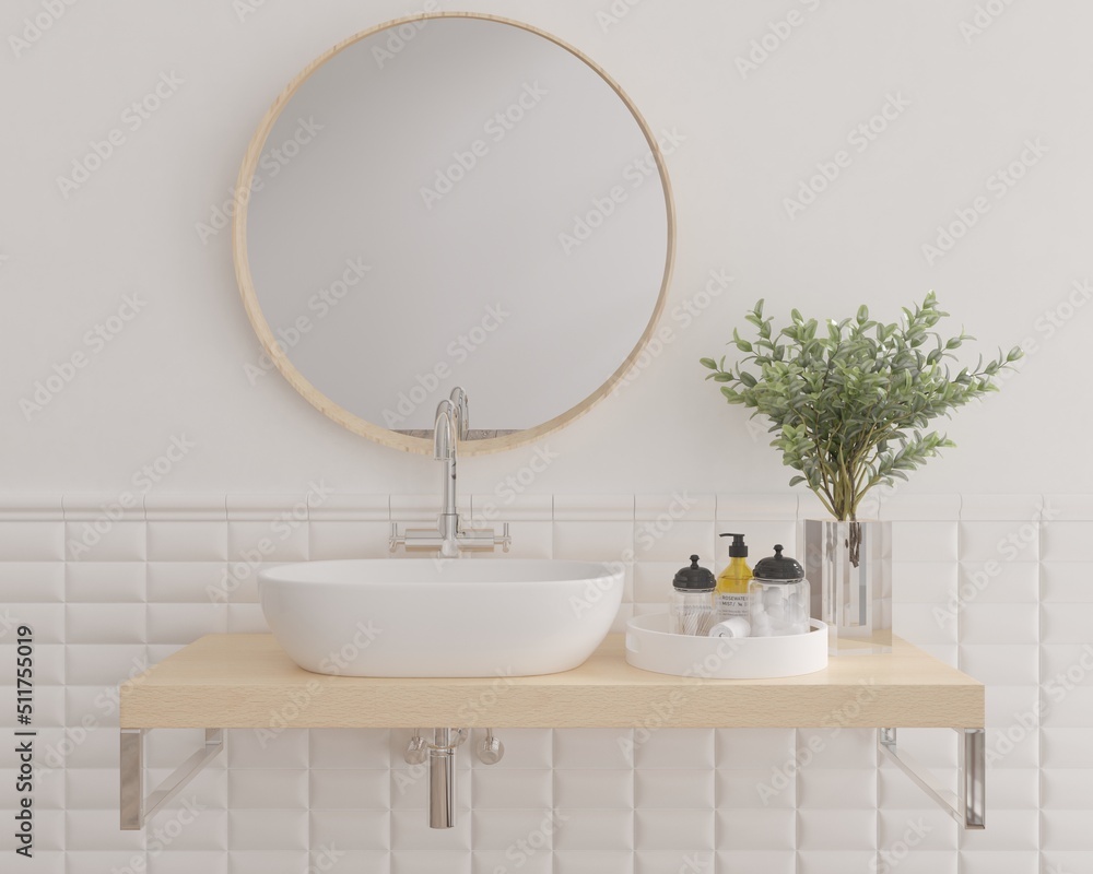 3d illustration. Stylish bathroom interior with vessel sink and decor elements. 3d render 3d illustration. Stylish bathroom interior with vessel sink and decor elements. 3d render