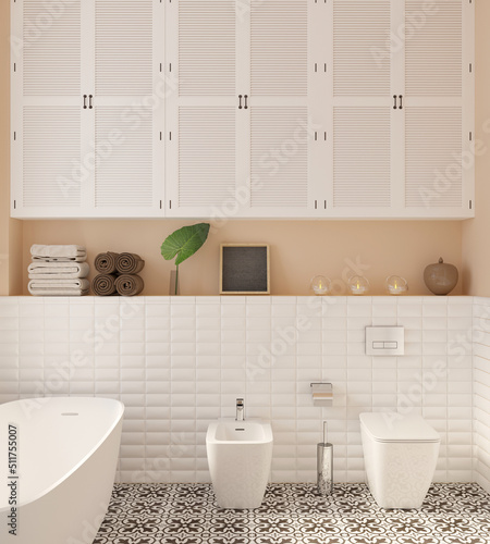 3d illustration. Stylish bathroom with toilet and wash basin  ornamented floor tiles. 3d render
