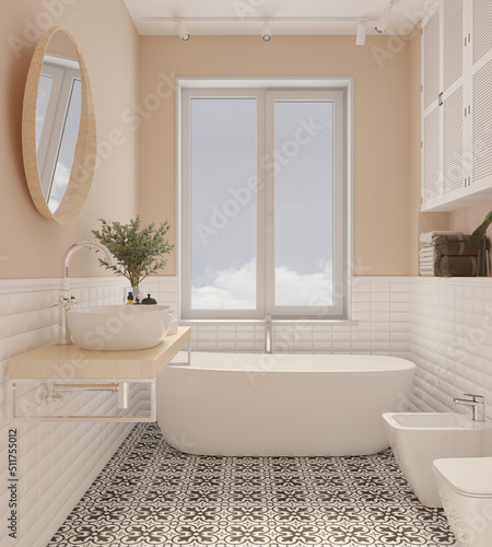 3d illustration. Stylish bathroom with toilet and wash basin, ornamented floor tiles. 3d render