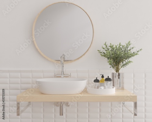 3d illustration. Stylish bathroom interior with vessel sink and decor elements. 3d render