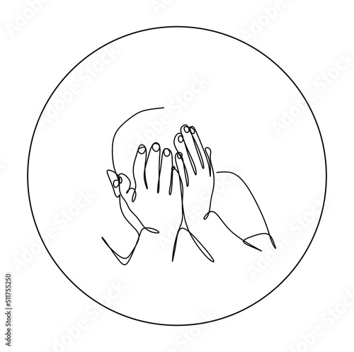 A continuous drawing of a circle and a silhouette of a person with his face covered with his hands.  Conceptual drawing of the vicious circle of the neurotic