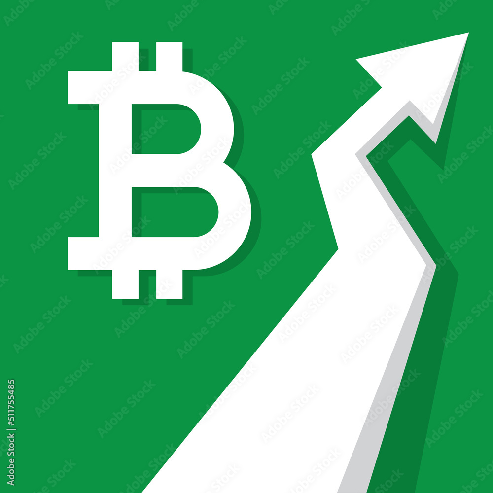 Bitcoin going up, BTC crypto currency rising price. Green arrows. Bitcoin going up, BTC crypto currency rising price. Green arrows.