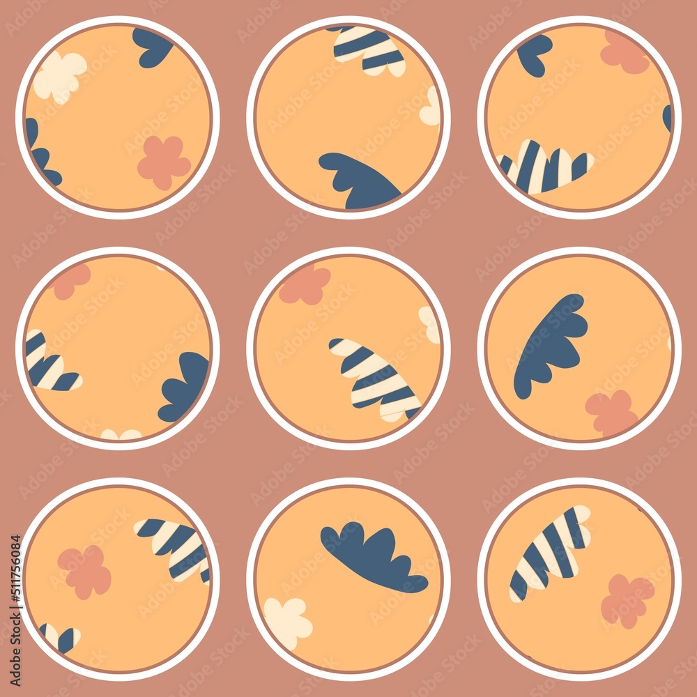 Story highlight icons set with abstract clouds and flowers. Perfect for social blog, stickers and print. Hand drawn vector illustration for decor and design.