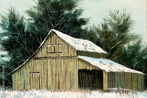 Print op canvas Winter landscape of an old barn house, macro of oil painting
