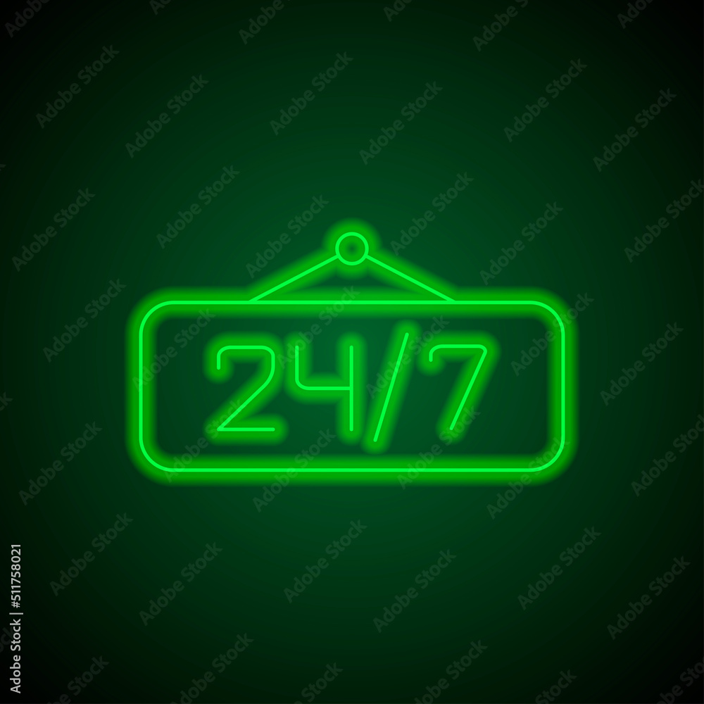 24h hours a day and 7 days a week icon, vector. Flat design. Green neon on black background with green light.ai 24h hours a day and 7 days a week icon, vector. Flat design. Green neon on black background with green light.ai