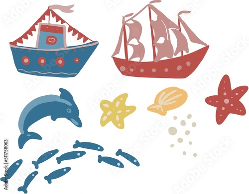 Skeet ship frigate historical ancient travel adventure sea and ocean sail harp illustration hand