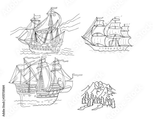 Skeet ship frigate historical ancient travel adventure sea and ocean sail harp illustration hand drawn coloring book