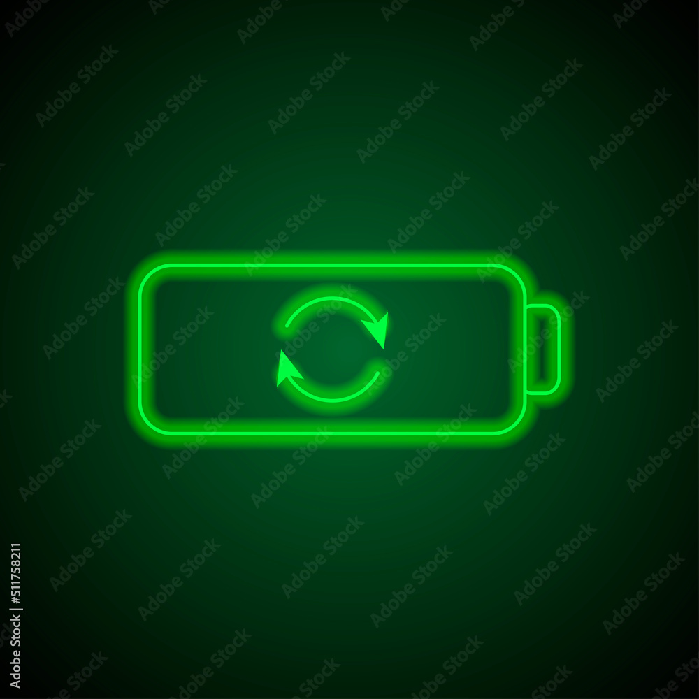Battery, loading simple icon vector. Flat design. Green neon on black background with green light.ai Battery, loading simple icon vector. Flat design. Green neon on black background with green light.ai