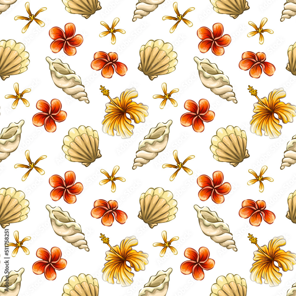 Obraz premium Seamless pattern with tropical summer elements, background with sea beach objects