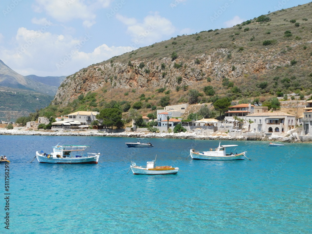 View of the traditional architecture, seaside village of Limeni, in Mani, Peloponnese, Greece