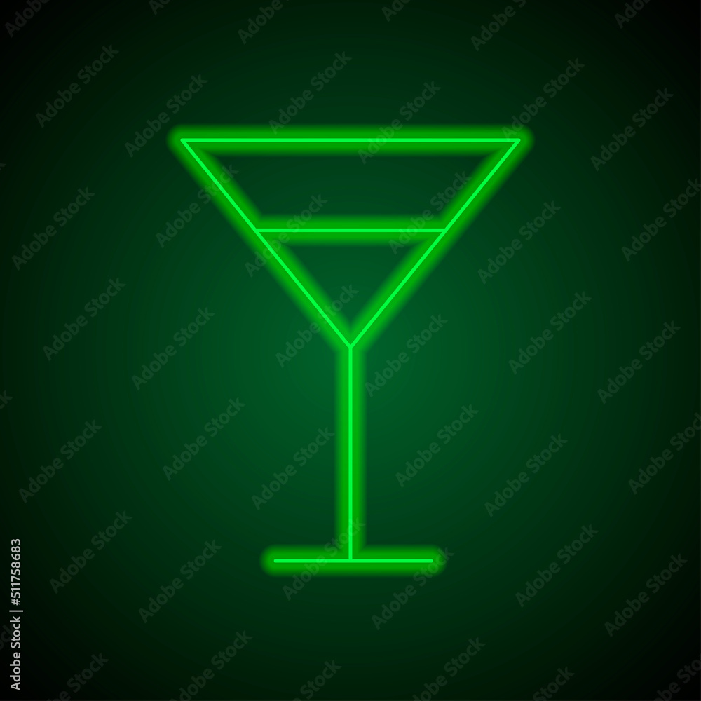 Cocktail glass simple icon vector. Flat design. Green neon on black background with green light.ai Cocktail glass simple icon vector. Flat design. Green neon on black background with green light.ai