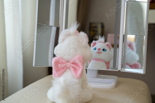 Fototapeta Naklejka Na Ścianę i Meble -  cute little white cat plush toy sitting near the mirror