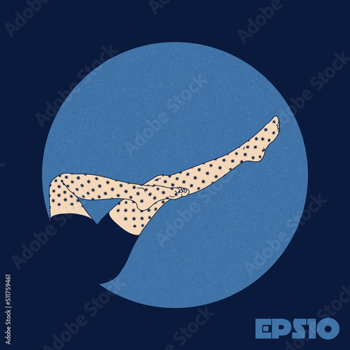 Female legs in tights. Polka dot stockings in blue circle. Retro style