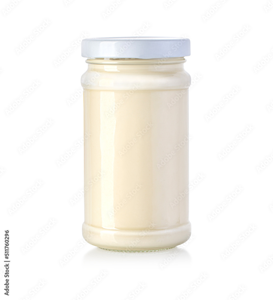 Glass jar can with dairy, dessert, yoghurt, cream, sour cream or sauce Glass jar can with dairy, dessert, yoghurt, cream, sour cream or sauce