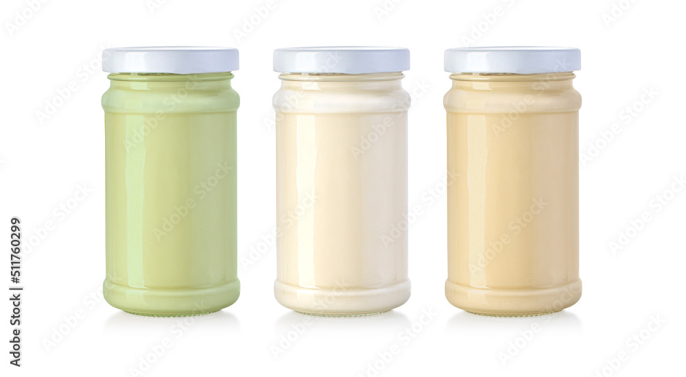 Glass jar can with dairy, dessert, yoghurt, cream, sour cream or sauce Glass jar can with dairy, dessert, yoghurt, cream, sour cream or sauce