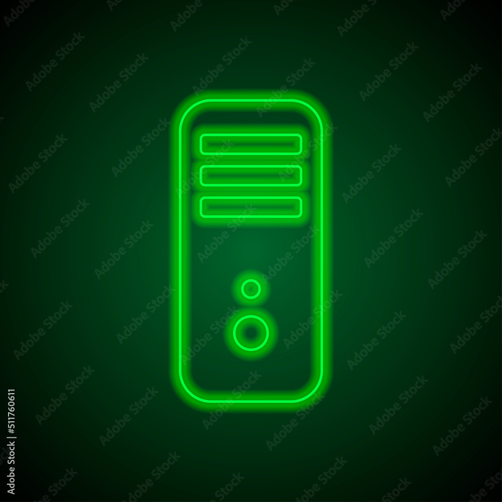 PC simple icon vector. Flat design. Green neon on black background with green light.ai PC simple icon vector. Flat design. Green neon on black background with green light.ai