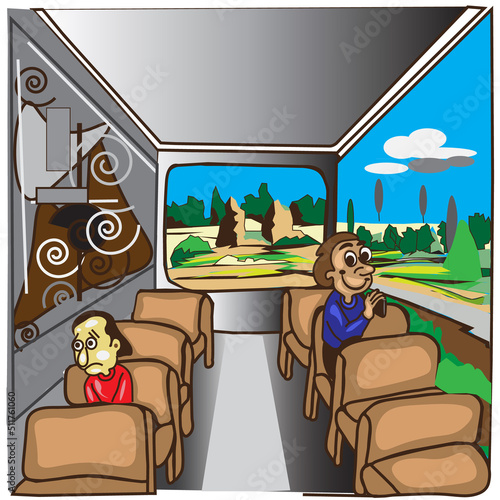 two tourists in a tour bus
