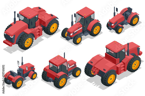 Isometric big agricultural tractor isolated on white, front and rear view. Used for pulling, pushing agricultural machinery, trailers, ploughing, tilling, disking, harrowing, planting