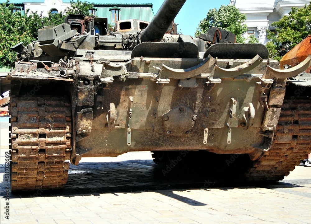 Tank, broken Russian military equipment, on the square in Kyiv, Ukraine Tank, broken Russian military equipment, on the square in Kyiv, Ukraine