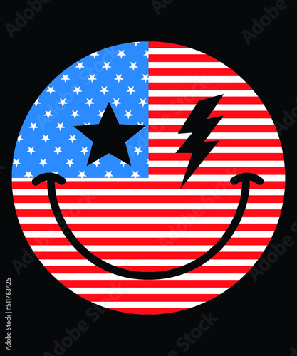 Retro Star lightning American Flag Smiley Face, American Smiley face, 4th of July Smiley Face, Vintage USA Flag Shirt Template
