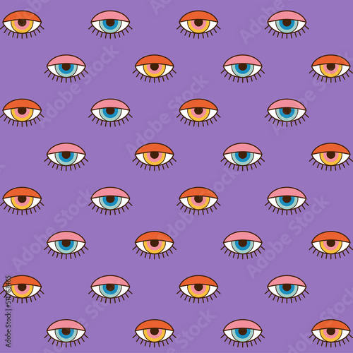 Modern esoteric abstract seamless pattern in 1970s style. Vector hippie background. Doodle eye decorative wallpaper.