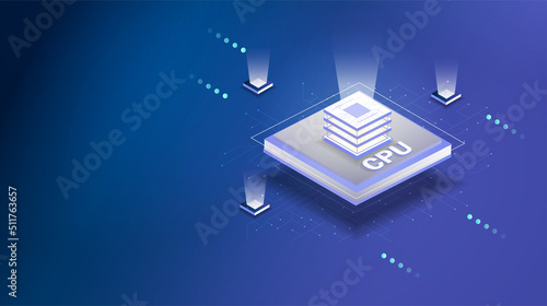 CPU. Futuristic processor on microchips. A quantum computer that processes large amounts of data, a database concept. Isometric banner of the processor, transmission and calculation of network data.