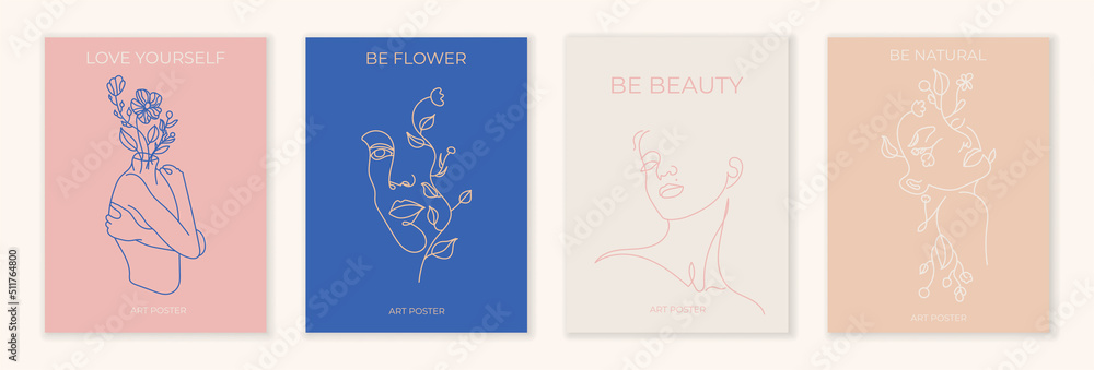 Poster set with line face. Love yourself and be beauty. Abstract art vector illustration Poster set with line face. Love yourself and be beauty. Abstract art vector illustration