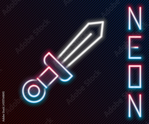 Glowing neon line Medieval sword icon isolated on black background. Medieval weapon. Colorful outline concept. Vector