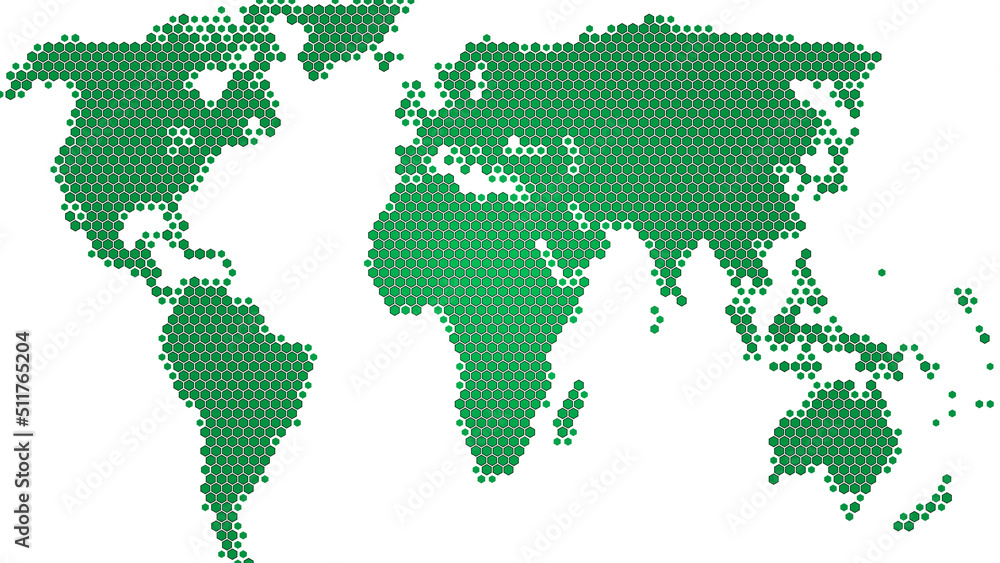 Fototapeta premium World map made of green hexagons, white background. Abstract world map in 4k resolution.