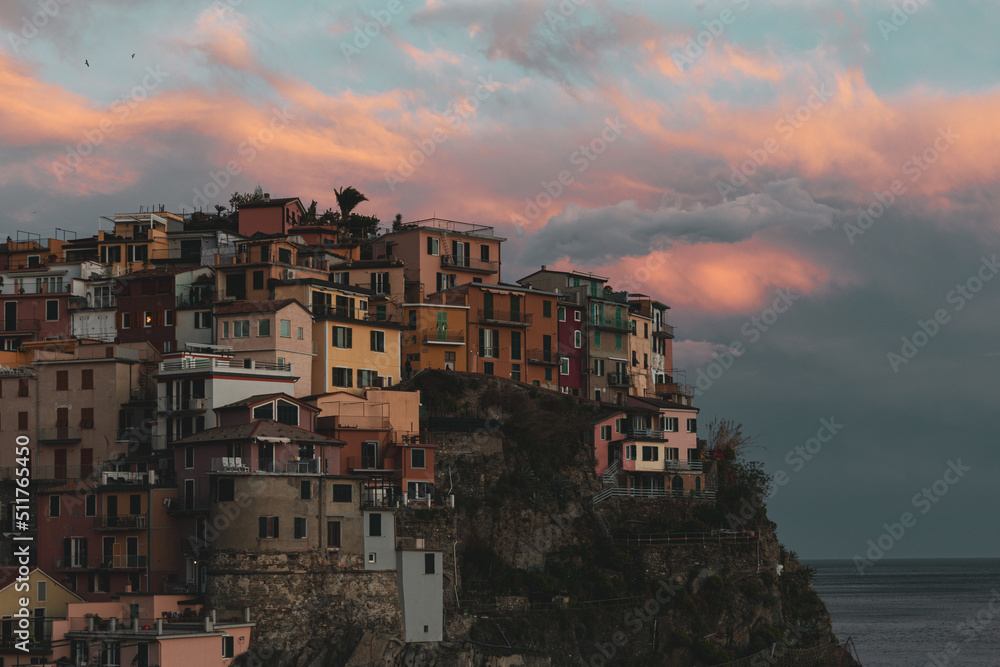 sunset over the village of Manarola, Cinque Terre, italy