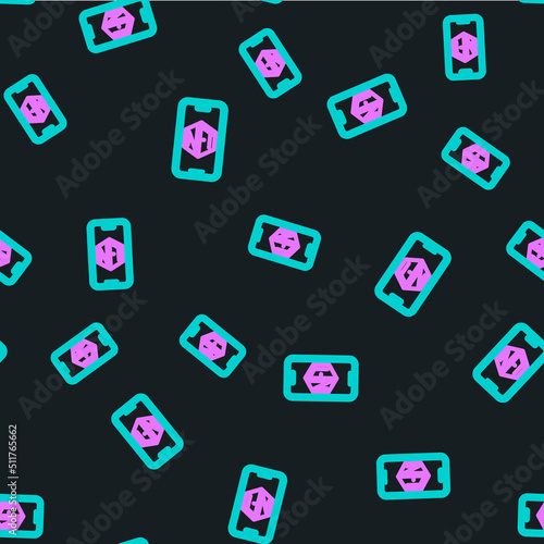 Line Mobile with art store app icon isolated seamless pattern on black background. Technology of selling NFT tokens for cryptocurrency. Non fungible token. Vector
