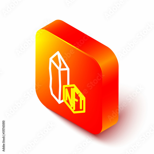 Isometric line NFT Digital crypto art icon isolated on white background. Non fungible token. Orange square button. Vector