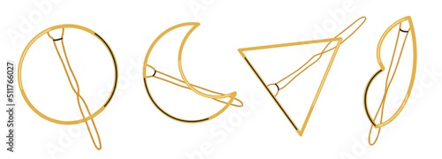 A set of various golden hairpins in the shape of a circle, crescent, triangle and lips. Hair accessories, beauty design. Women's salon concept. Flat design, hand drawn, cartoon.