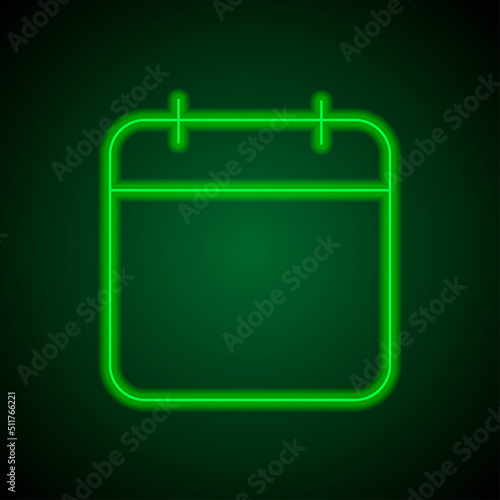 Calendar simple icon, vector. Flat design. Green neon on black background with green light.ai