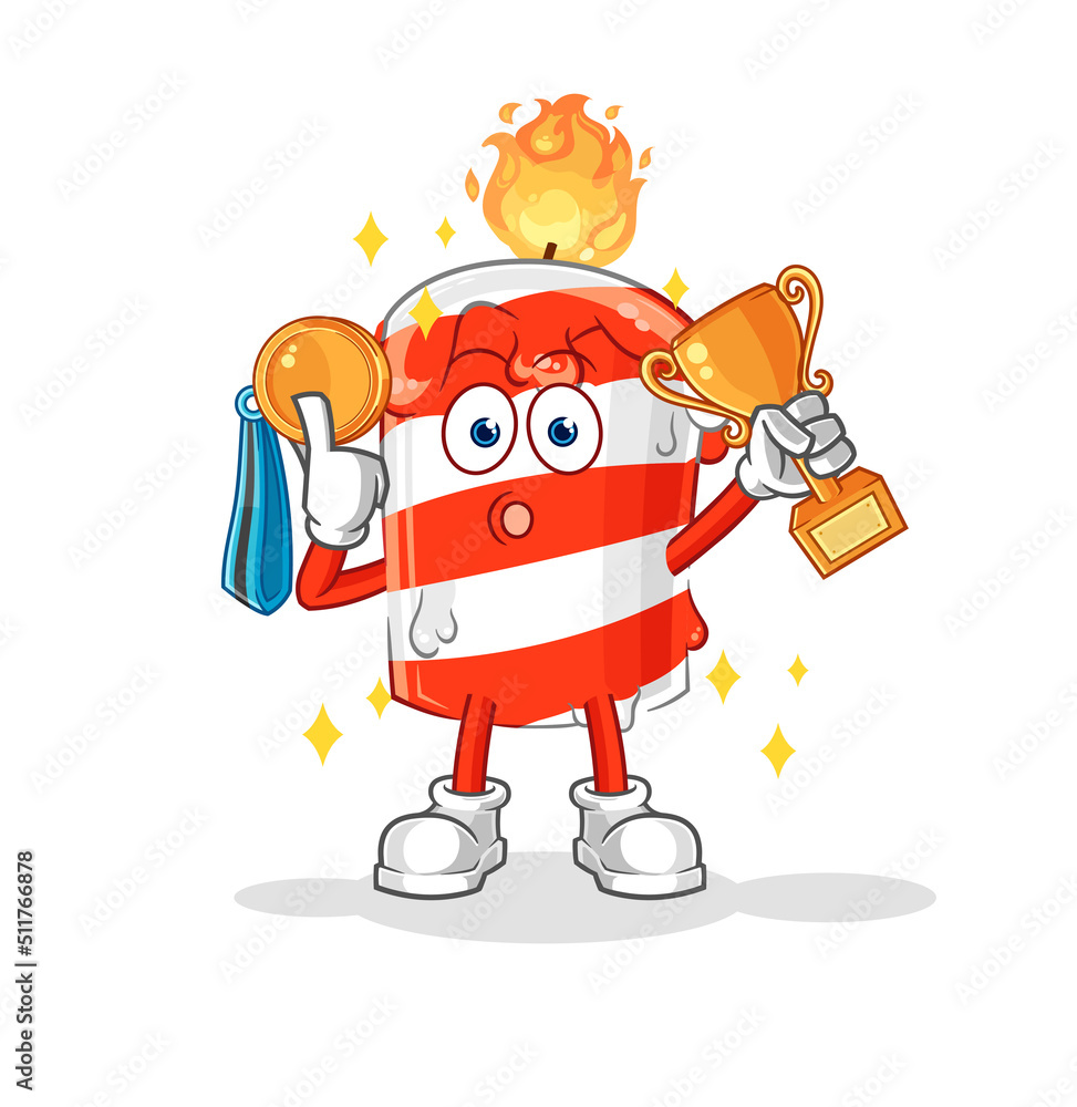 Obraz premium birthday candle winner with trophie. cartoon character